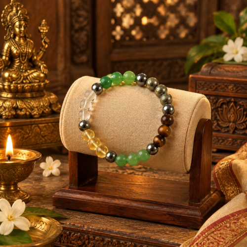 Dhan Lakshmi Bracelet is a sacred prosperity bracelet inspired by Goddess Lakshmi, the divine symbol of wealth, abundance, and success. It is believed to attract positive energy, financial growth, business opportunities, career advancement, and overall prosperity. Energized through traditional Lakshmi rituals and mantras, this bracelet serves as a powerful reminder of abundance, gratitude, and success while adding elegance to your daily spiritual practice. Ideal for both men and women seeking prosperity, positivity, and divine blessings. Dhan Lakshmi Bracelet is a sacred prosperity bracelet inspired by Goddess Lakshmi, the divine symbol of wealth, abundance, and success. It is believed to attract positive energy, financial growth, business opportunities, career advancement, and overall prosperity. Energized through traditional Lakshmi rituals and mantras, this bracelet serves as a powerful reminder of abundance, gratitude, and success while adding elegance to your daily spiritual practice. Ideal for both men and women seeking prosperity, positivity, and divine blessings.